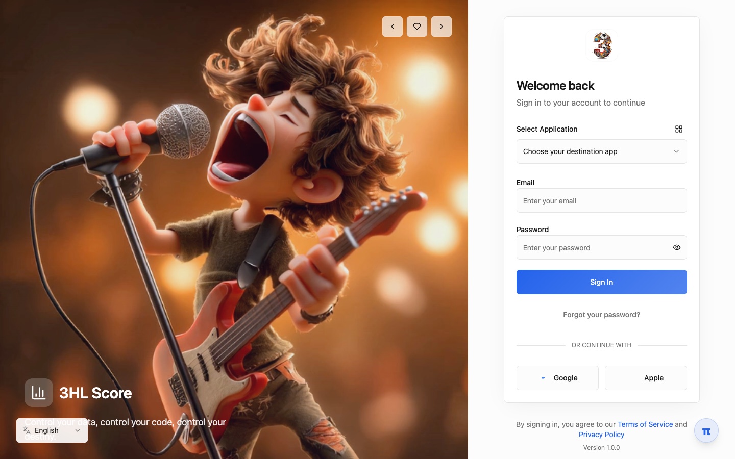 3HL Score demo sign-in screen
