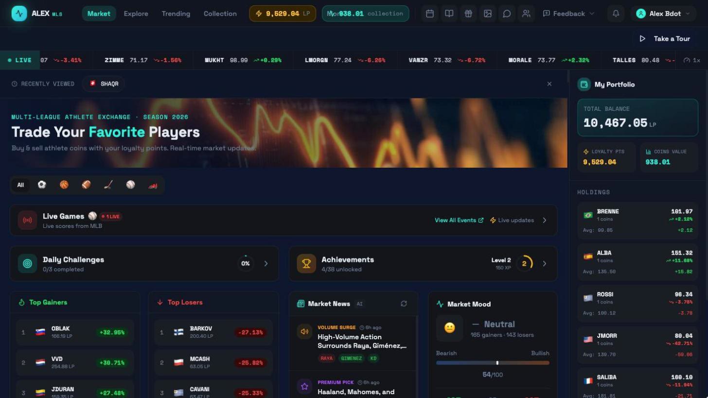ALEX market dashboard with portfolio, top gainers and market mood