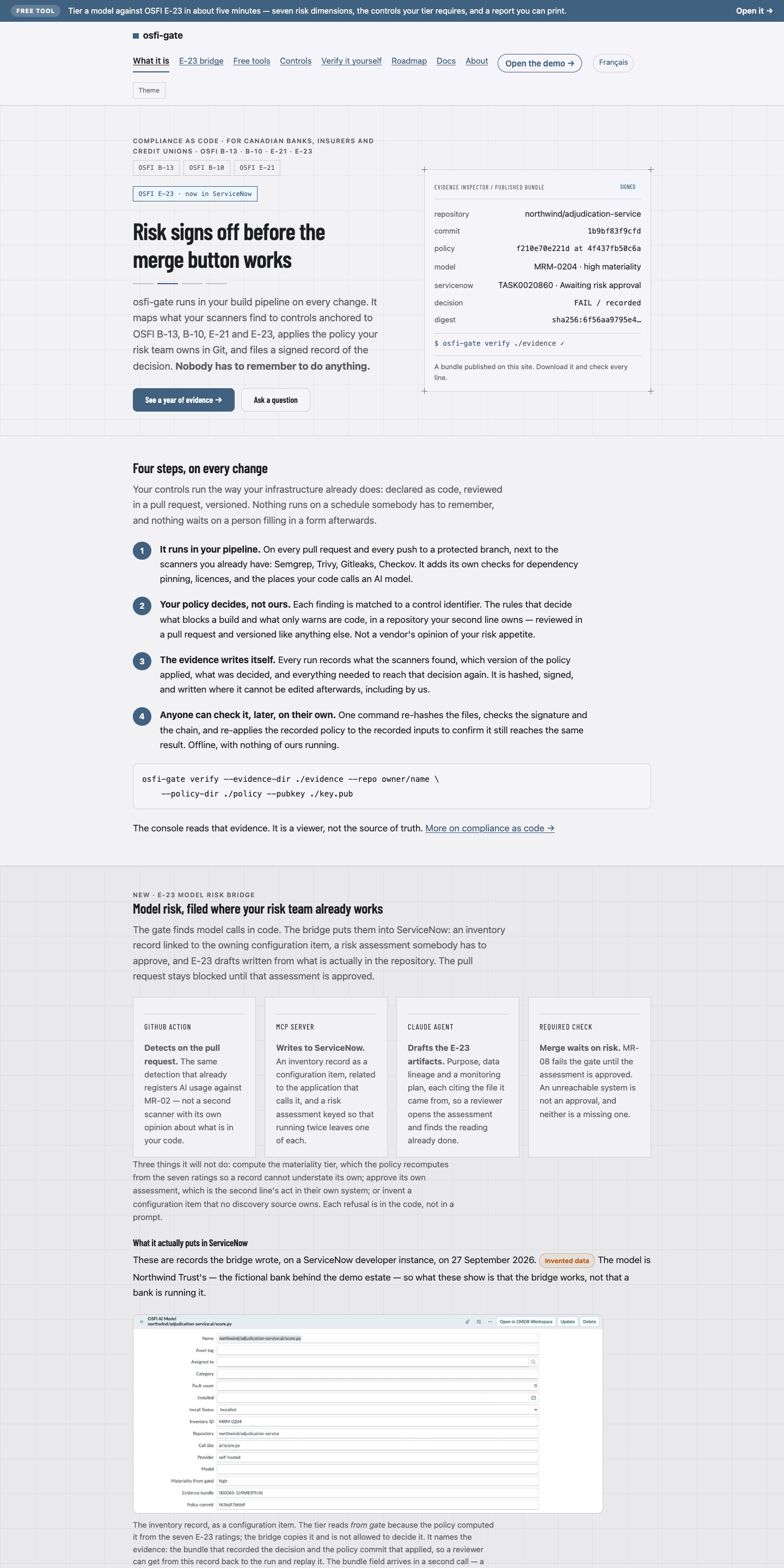 osfi-gate homepage: Risk signs off before the merge button works.